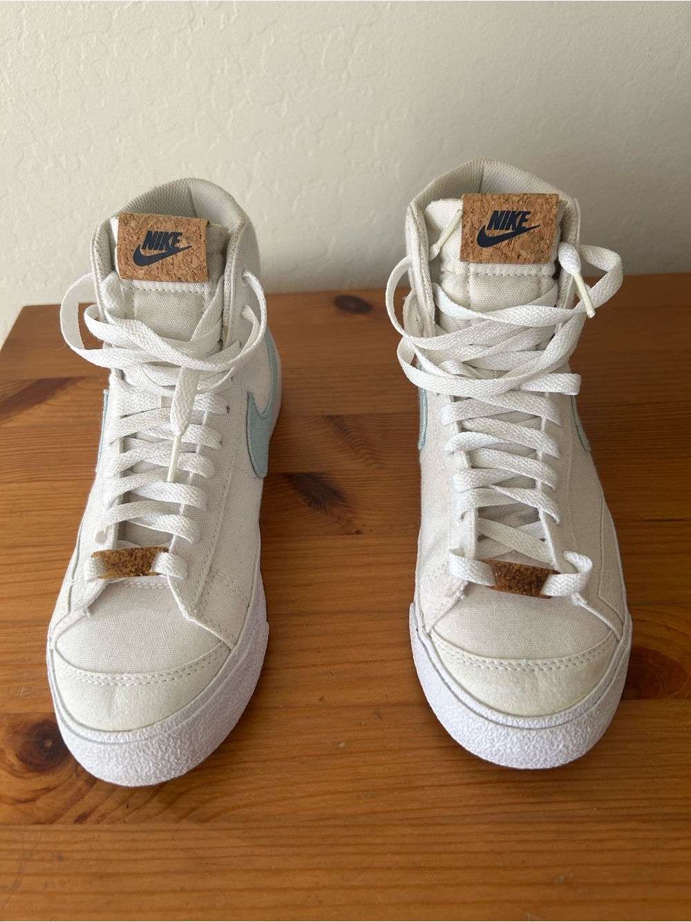 Nike Women's High-Top Sneakers in Off-White with Light Blue Swoosh